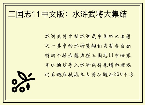 三国志11中文版：水浒武将大集结